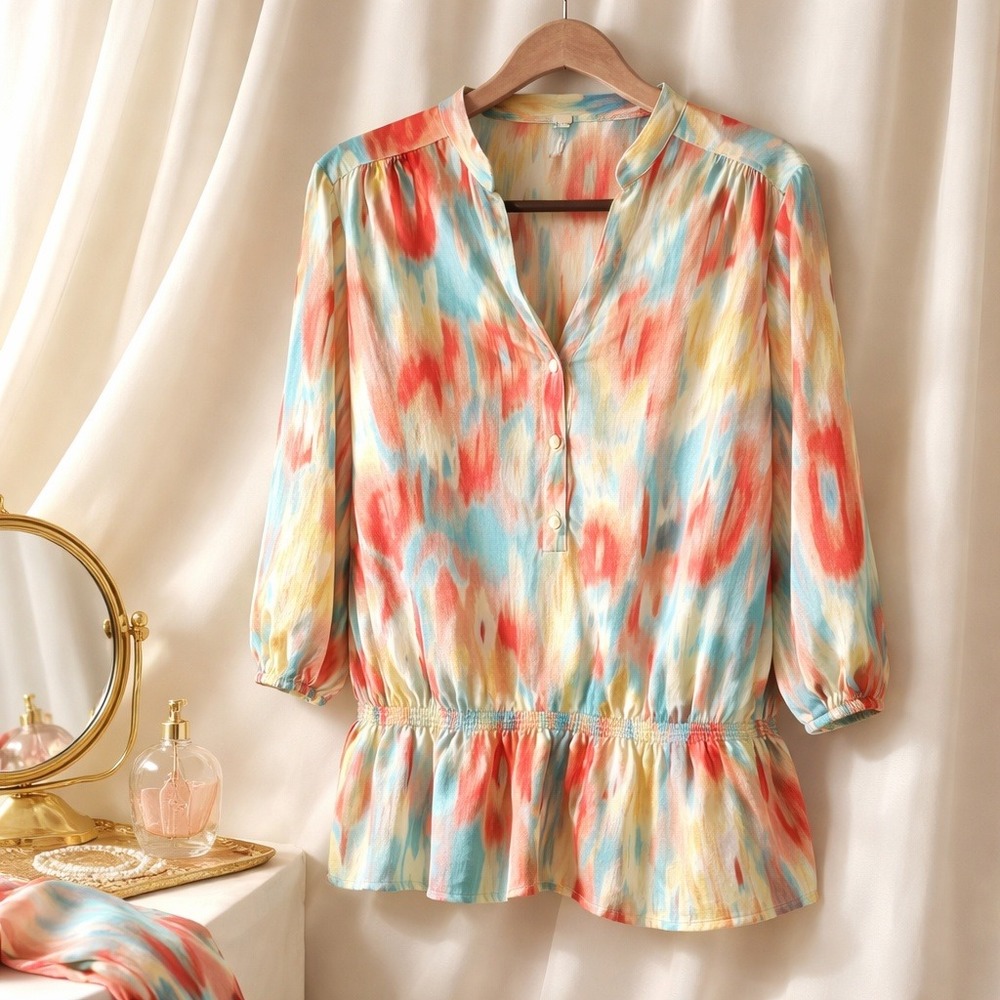Chico's 2 Tunic Blouse Abstract Print Smocked Waist V-Neck 3/4 Sleeve Large
